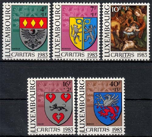 Luxemburg MiNr. 1086/90 ** Caritas Gemeindewappen: Weihnachten