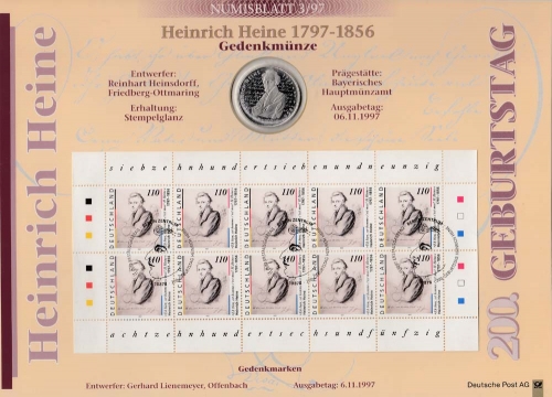 Bund Numisblatt 1997-3 Heinrich Heine 10,00 DM