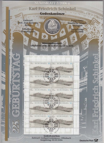 Bund Numisblatt 2006-2 Karl Friedrich Schinkel 10,00 Euro