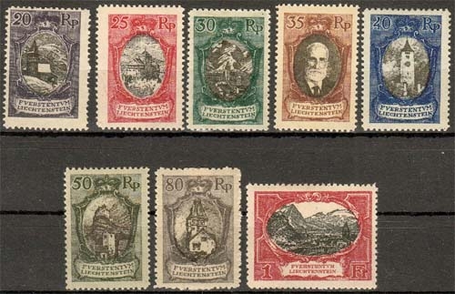 Liechtenstein MiNr. 53/60 * Freimarken: Landschaften, Gebäude u Fürst Johann II