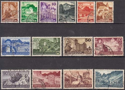 Liechtenstein MiNr. 156/69 O, Freimarken Landschaften und Burgen
