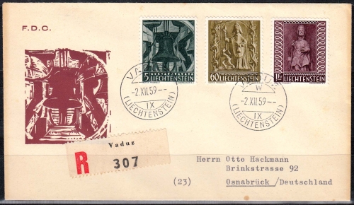 Liechtenstein MiNr. 386/88 auf FDC Weihnachten, kleiner Fleck