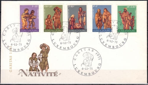 Luxemburg MiNr. 836/40 auf FDC Caritas: Krippenfiguren