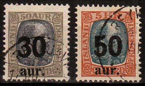 Island MiNr. 112/13 O Freimarke MiNr. 44 und 77 mit lokalem Aufdruck