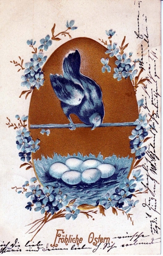 AK Fröhliche Ostern, gelaufen Prägekarte