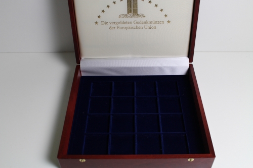 Holzkassette für "Die vergoldeten Gedenkmünzen der EU", Platz für 16 Münzen