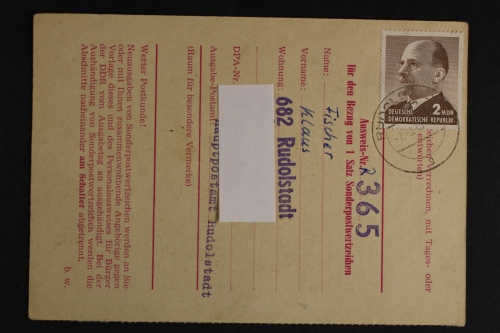 Rudolstadt, 2 MDN Ulbricht auf Sonderpostwertzeichen-Bezugs-Ausweis, 1970/71