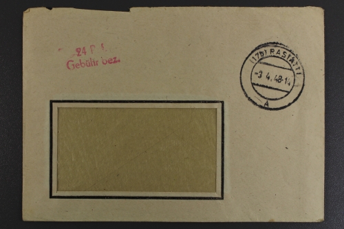 Rastatt, 3.4.48, Fensterumschlag mit 24 Rpf Barfreimachung