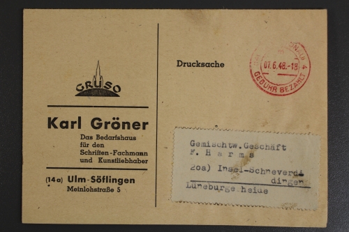 Ulm - Söflingen, dek. Werbebrief FA Karl Gröner,, Barfreimachung 1948
