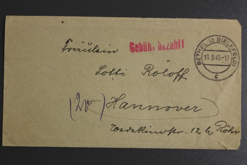 Bethel bei Bielefeld, "Gebühr bezahlt" Stempel auf Brief nach Hannover