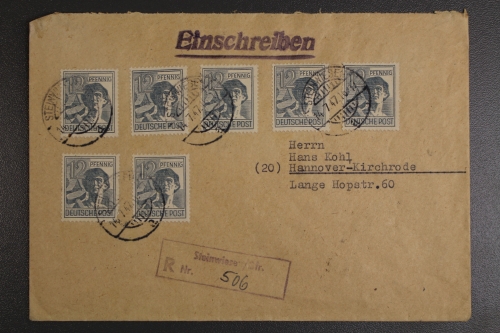 Gem.-Ausgaben, MiNr. 947, 7 x auf Brief m. Not-R-Stempel Steinwiesen