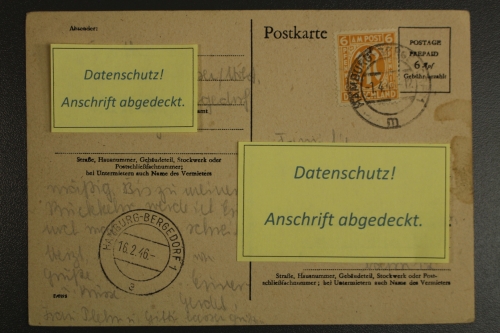 Bizone, 6 Pf. AM-Post auf Gebühr bezahlt GS, ab 1.4.46 ab Hamburg