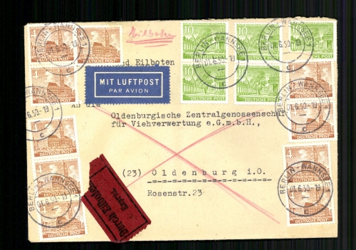 Berlin, MiNr. 43 + 47 auf Luftpost-Eilbotenbrief ab Berlin-Wannsee