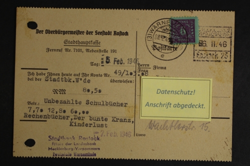 Sowjetische Zone, MiNr. 10 ab Ortspostkarte innerhalb von Rostock, 8.2.46