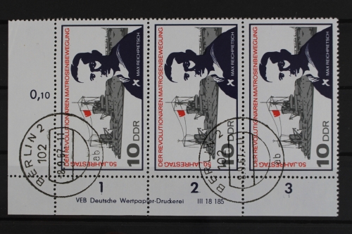 DDR, MiNr. 1308, Dreierstreifen, Ecke mit DV, gestempelt