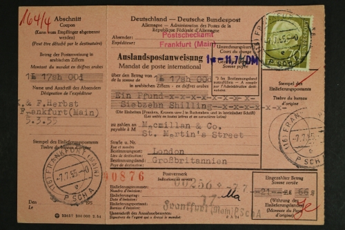 Deutschland (BRD). MiNr. 191 auf Auslandspostanweisung nach Großbritannien