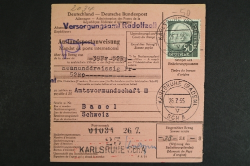 Deutschland (BRD). MiNr. 189 auf Auslandspostanweisung in die Schweiz