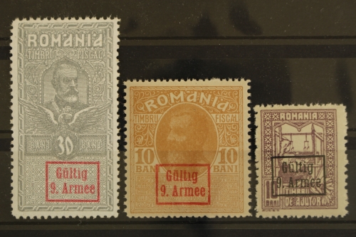 Deutsche Besatzung 1. Weltkrieg, Rumänien, 3 Werte Aufdruck: Gültig 9. Armee