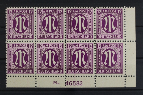 Bizone, MiNr. 7, Achterblock, Ecke re. unten, Pl-Nr. 46582, postfrisch