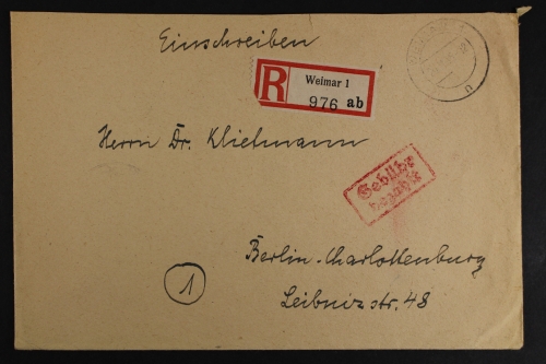 Weimar, Ebf. mit Gebühr bezahlt, nach Berlin-Charlottenburg
