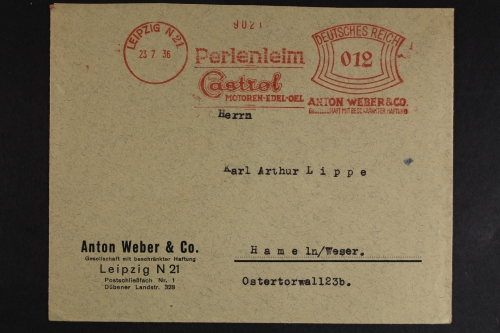 Leipzig, Anton Weber, Perlenleim Castrol, Freistempler, 1936