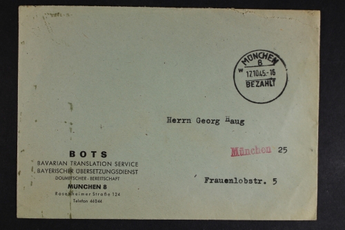 München, 17.10.45, Gebühr bezahlt, Bedarfsbeleg