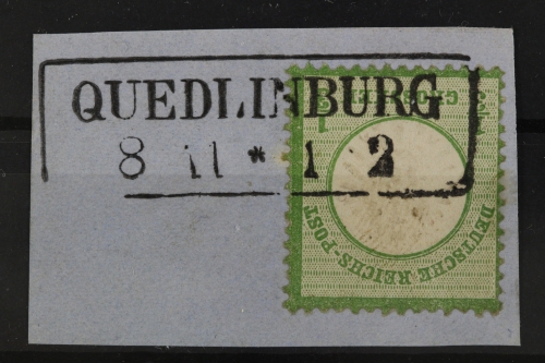 Quedlinburg, 2-zeiliger Rahmenstempel auf DR MiNr. 17, Briefstück