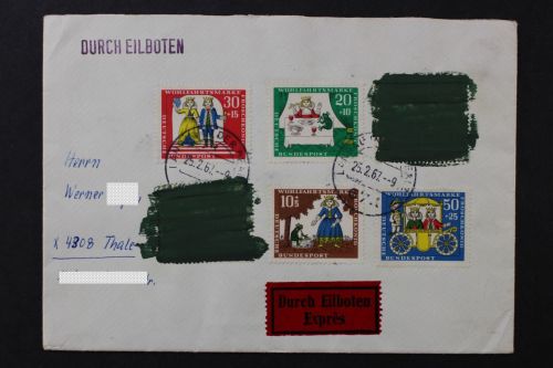 Deutschland (BRD), mit Postkrieg der DDR, 2 Schwärzungen auf Eilbotenbeleg