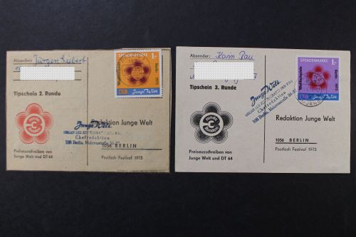 DDR, Spendenmarken MiNr. 1 + 2 auf 2 Belegen