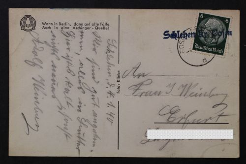 Schlehen Kreis Posen, einzeiliger Stempel auf Ansichtskarte, 1930er Jahre