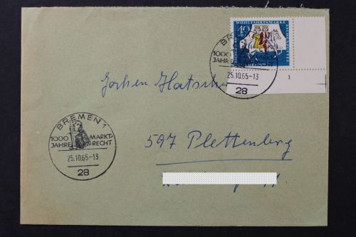Deutschland (BRD), MiNr. 488, Ecke rechts unten, FN 1 auf Brief