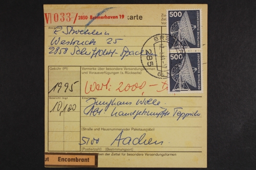 Deutschland (BRD), MiNr. 859, MeF mit 4 Marken auf Paketkarte