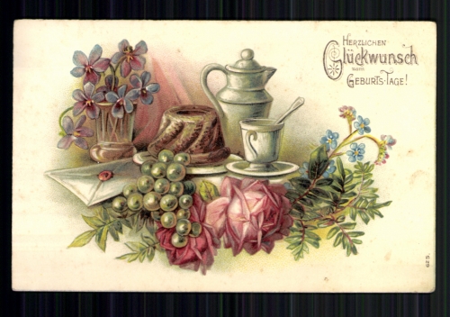 Glückwunsch zum Geburtstag, Kaffeegedeck, Kuchen, Brief, Prägekarte