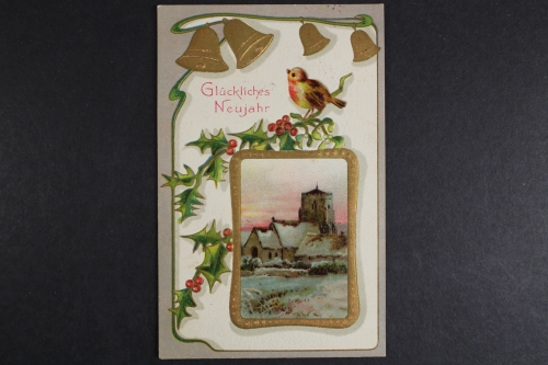 Glückliches Neujahr, Glocken, Vogel, verschneite Häuser, Prägekarte