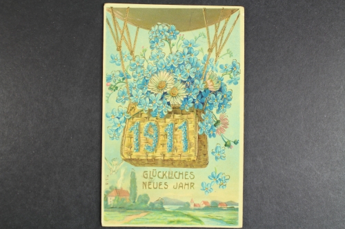 Glückliches Neujahr 1911, Ballon mit Blumen, Prägekarte