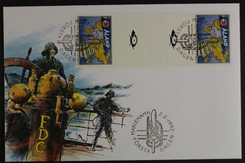 Aland, MiNr. 55, Zwischenstegpaar mit Posthorn, FDC