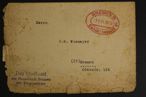 Bremen, Schadensmeldung vom Angriffsdatum 24.2.45, Gebühr bezahlt 7.7.45
