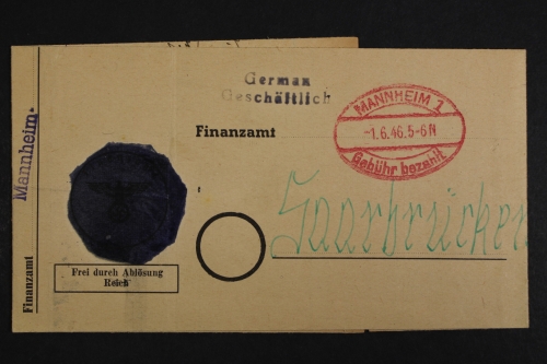Mannheim Gebühr bezahlt roter Stempel vom 1.6.46