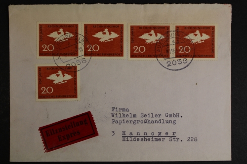 Deutschland, MiNr. 452, 5 x auf Eilboten-Brief ab Lauenburg nach Hannover