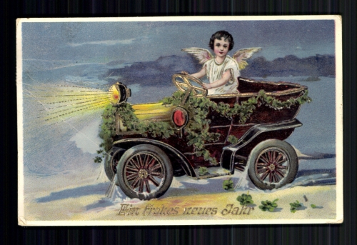 Neujahrsgruß, Engel fährt Auto