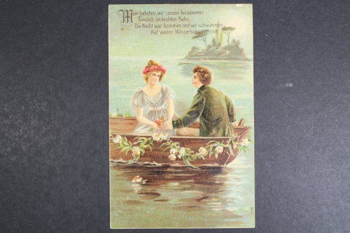 Liebespaar, Kahnfahrt, Karte mit Vers, Prägekarte