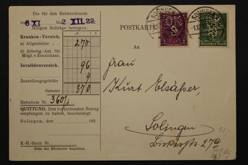 Deutsches Reich, MiNr. 187 + 191 mit Firmenlochung OKS auf Postkarte