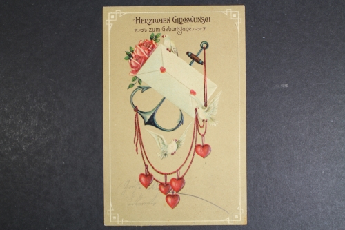 Geburtstagsgruß, Brief, Rosen, Tauben, Anger mit Herzchen, Prägekarte