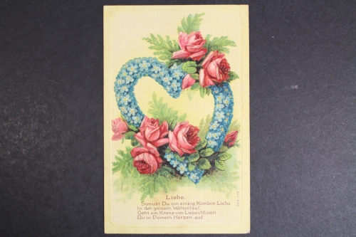 Liebesgruß, Herz aus Blumen, Rosen, Vers, Prägekarte