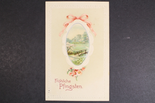 Fröhliche Pfingsten, Landschaftsbild in ovalen Rahmen, Prägekarte