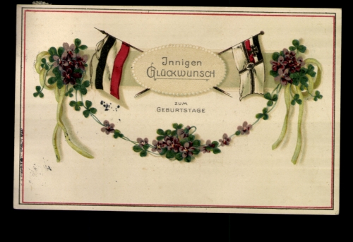 Innigen Glückwunsch zum Geburtstag, Blumenbanner mit Fahnen, Prägekarte