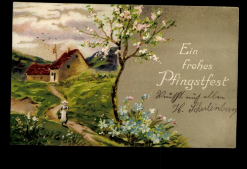 Ein frohes Pfingstfest, Mädchen in Tracht mit Krug, Prägekarte