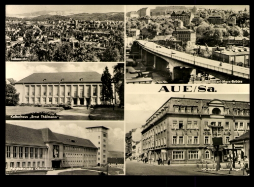 Aue/Sa., Teilansicht, Brücke, Kulturhaus, Oberschule, Hotel Blauer Engel