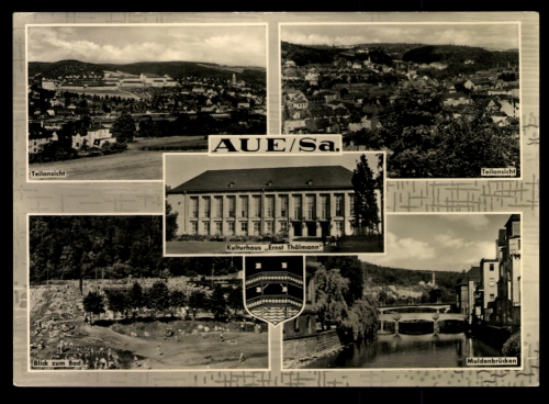 Aue/Sa., Teilansicht, Kulturhaus, Blick zum Bad, Muldenbrücke, Wappen