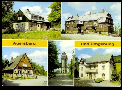 Auersberg/Erzgeb., Berghotel, Aussichtsturm, Köhlerhütte in Sossa